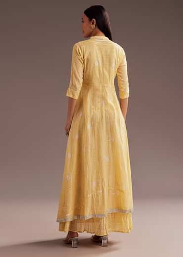 Light Yellow Floral Print Cotton Long Kurti