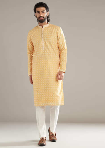 Light Yellow Silk Kurta Set For Men With Printed Motifs