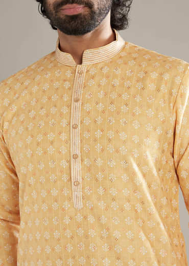 Light Yellow Silk Kurta Set For Men With Printed Motifs