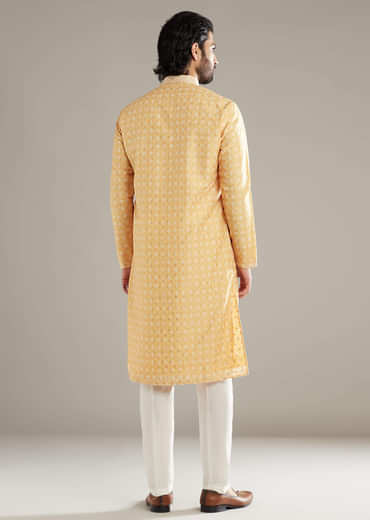 Light Yellow Silk Kurta Set For Men With Printed Motifs