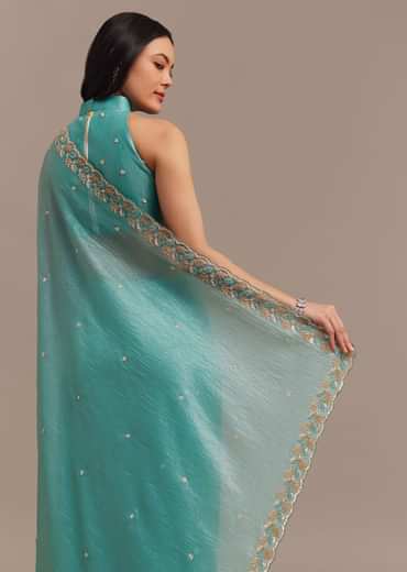 Light Blue Crushed Tissue Saree Embroidered With Cutdana And Sequins Light Blue Crushed Tissue Saree Embroidered With Cutdana And Sequins