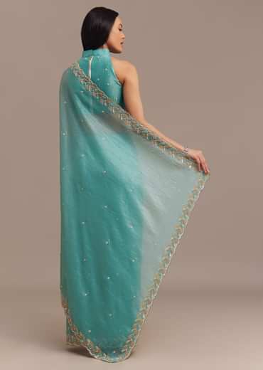 Light Blue Crushed Tissue Saree Embroidered With Cutdana And Sequins Light Blue Crushed Tissue Saree Embroidered With Cutdana And Sequins