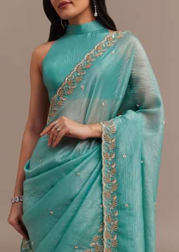 Light Blue Crushed Tissue Saree Embroidered With Cutdana And Sequins Light Blue Crushed Tissue Saree Embroidered With Cutdana And Sequins