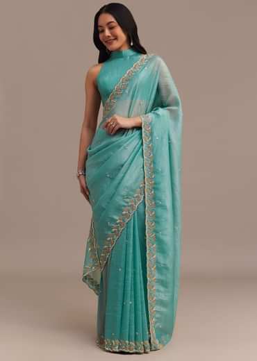 Light Blue Crushed Tissue Saree Embroidered With Cutdana And Sequins Light Blue Crushed Tissue Saree Embroidered With Cutdana And Sequins