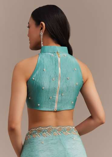 Light Blue Crushed Tissue Saree Embroidered With Cutdana And Sequins Light Blue Crushed Tissue Saree Embroidered With Cutdana And Sequins