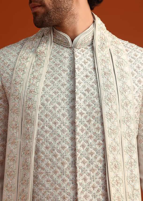Light Blue Heavy Work Sherwani Set With Dupatta