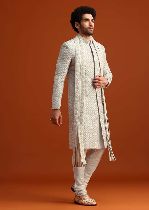 Light Blue Heavy Work Sherwani Set With Dupatta