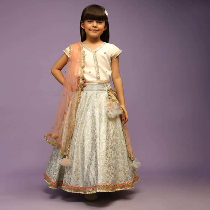 Kalki Girls Light Blue Lehenga In Brocade Silk With Weaved Floral Jaal And Off White Choli