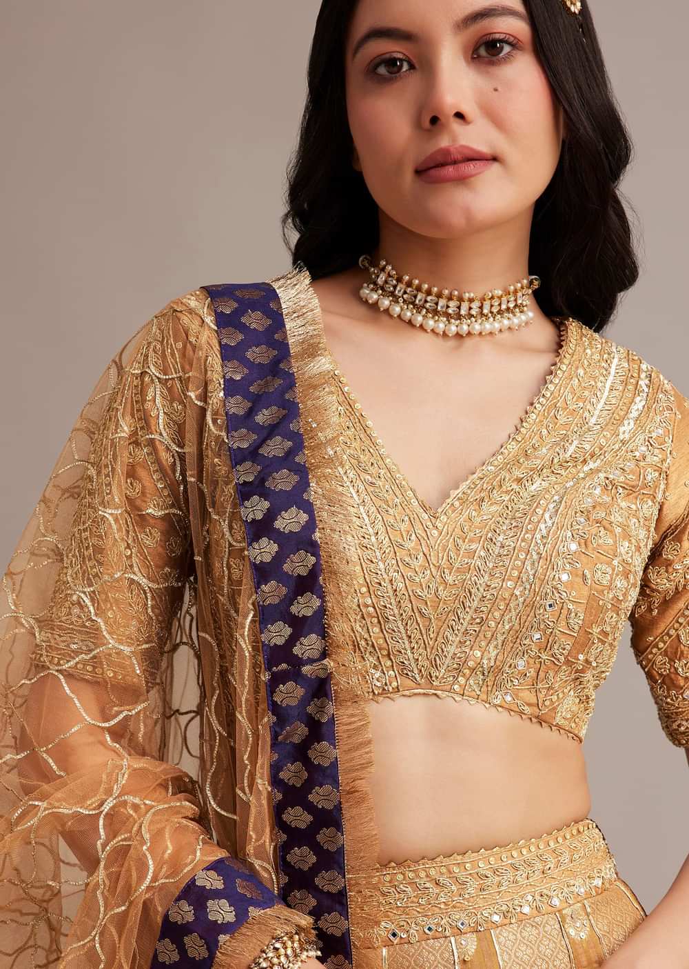Light Brown Banarasi Silk Lehenga Set With Zardosi Work