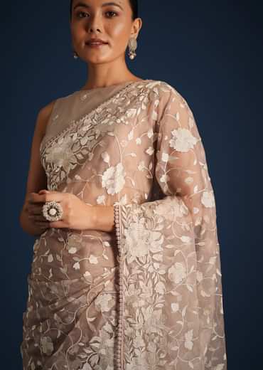Light Brown Organza Resham Thread Embroidered Saree