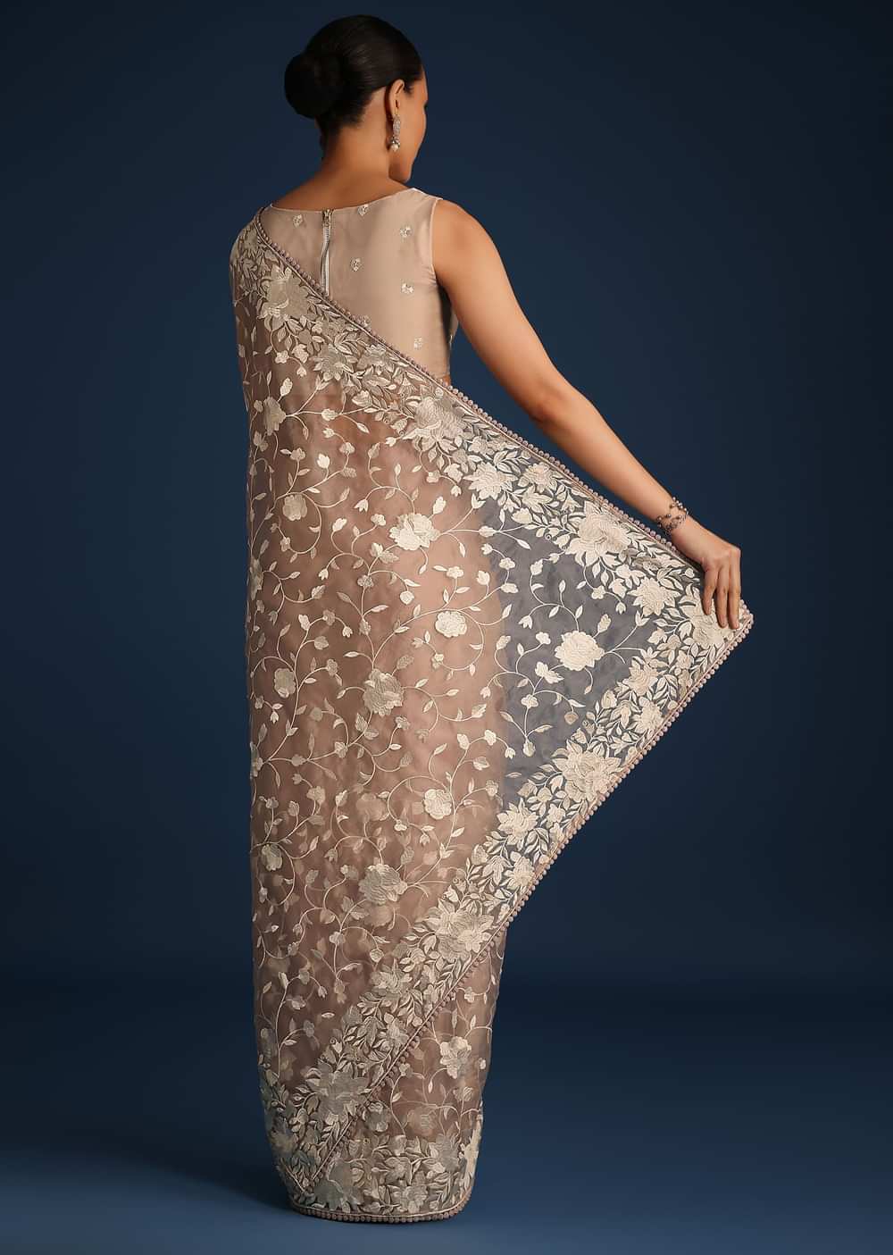 Light Brown Organza Resham Thread Embroidered Saree
