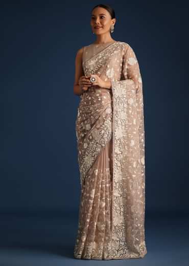 Light Brown Organza Resham Thread Embroidered Saree