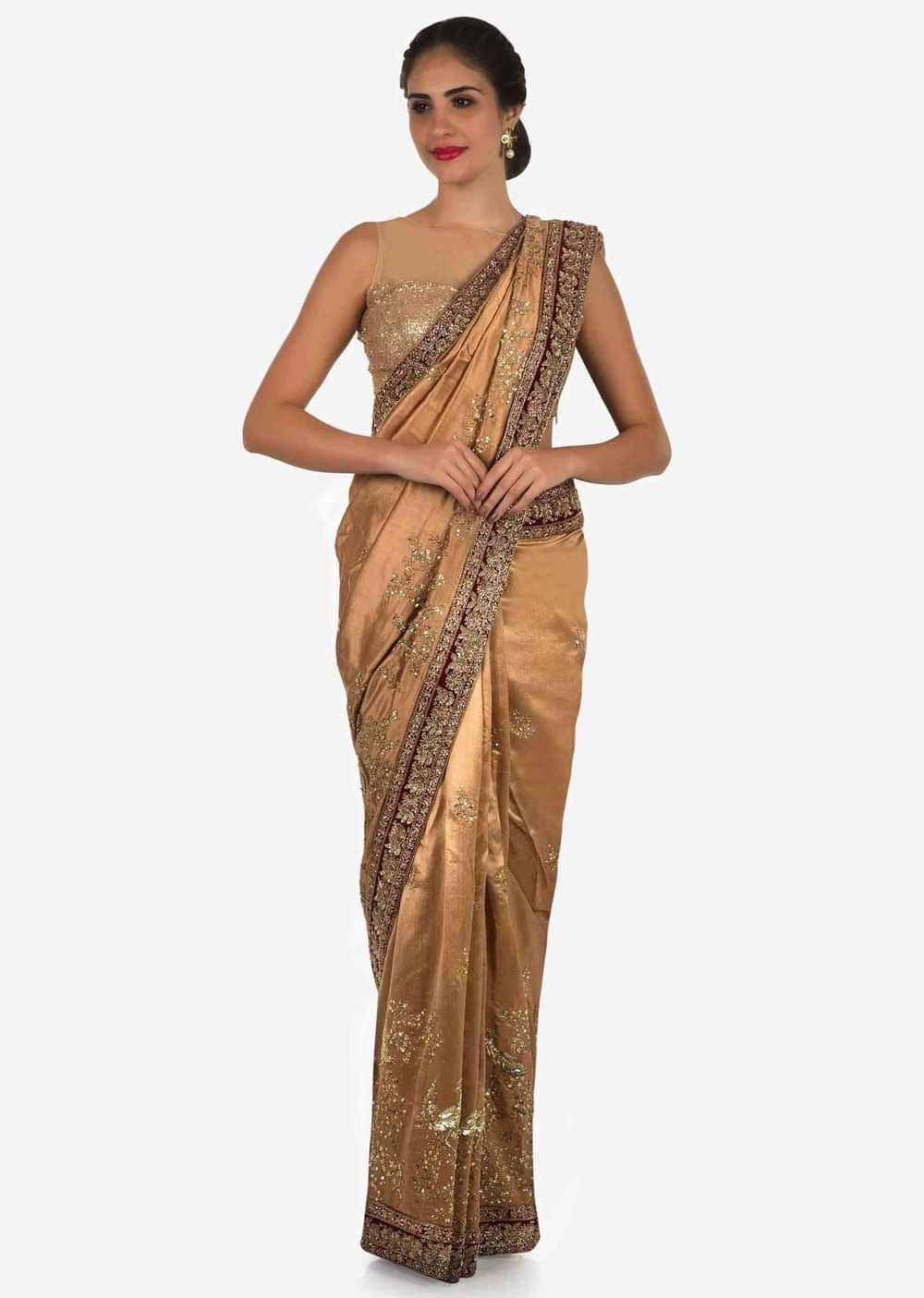 Light brown saree in cotton silk embellished in heavy sequin bird motif work only on Kalki