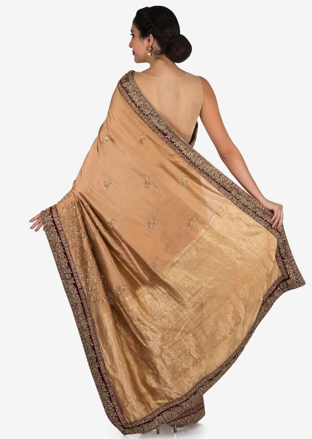 Light brown saree in cotton silk embellished in heavy sequin bird motif work only on Kalki