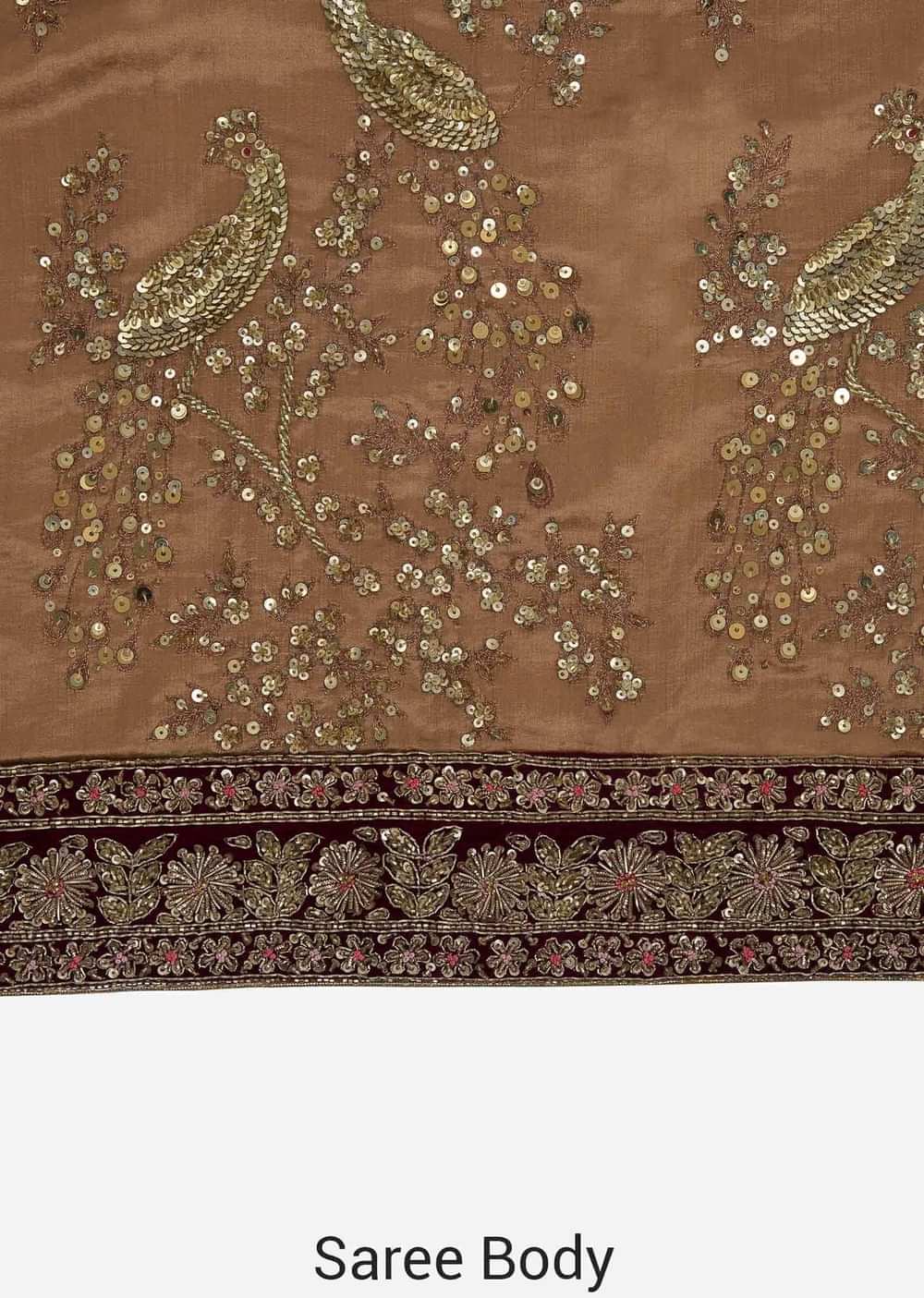 Light brown saree in cotton silk embellished in heavy sequin bird motif work only on Kalki