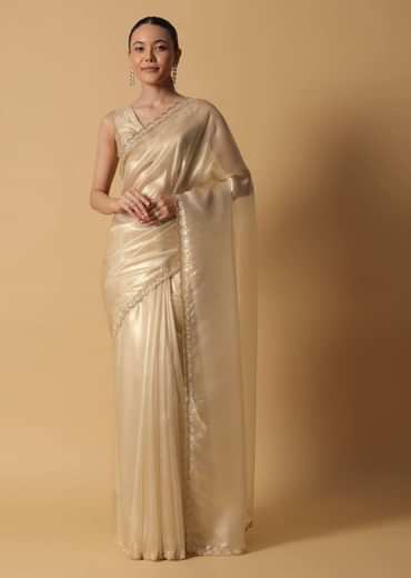 Light Gold Toned Foil Saree In Tissue With Cut Dana Embroidered Borders
