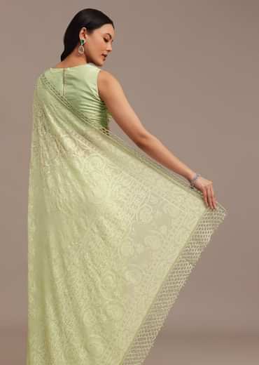 Light Green Chikankari Georgette Saree With Stone Embellishments
