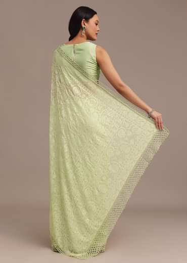 Light Green Chikankari Georgette Saree With Stone Embellishments