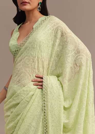 Light Green Chikankari Georgette Saree With Stone Embellishments