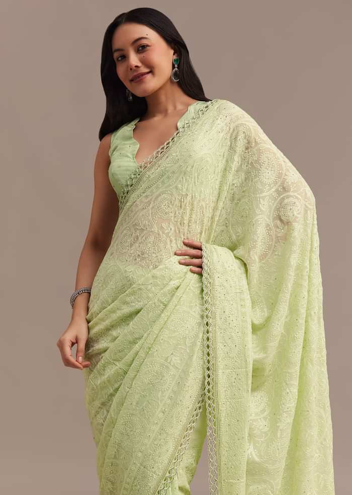 Light Green Chikankari Georgette Saree With Stone Embellishments