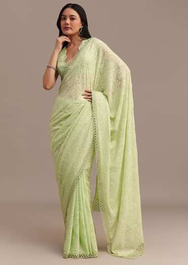Light Green Chikankari Georgette Saree With Stone Embellishments