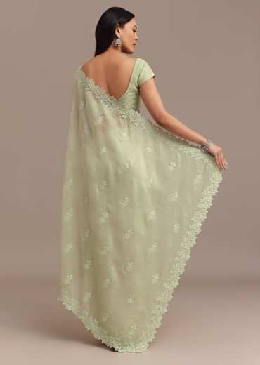 Light Green Crushed Tissue Saree With Resham Embroidered Border