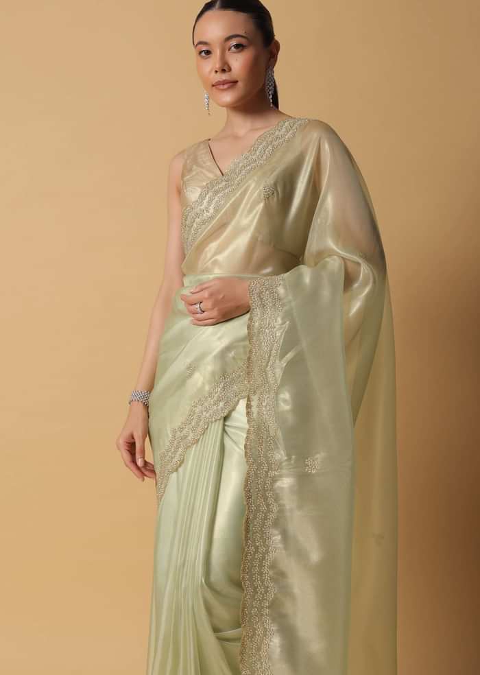 Light Green Foil Saree In Tissue With Cut Dana Embroidered Borders