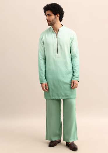 Light Green Hand Embroidered Silk Kurta Jacket Set
