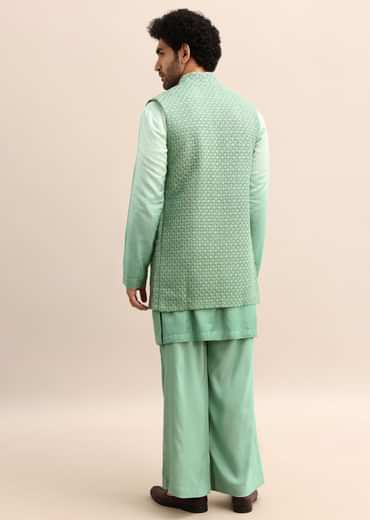 Light Green Hand Embroidered Silk Kurta Jacket Set