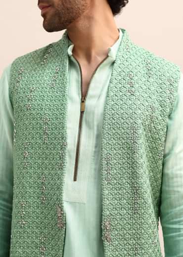 Light Green Hand Embroidered Silk Kurta Jacket Set