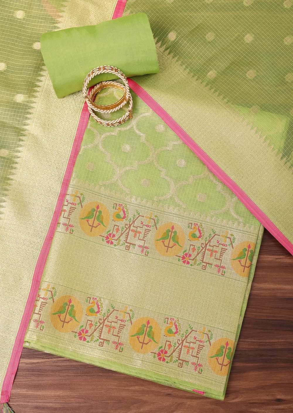 Light Green Paithani Woven Silk Dress Material