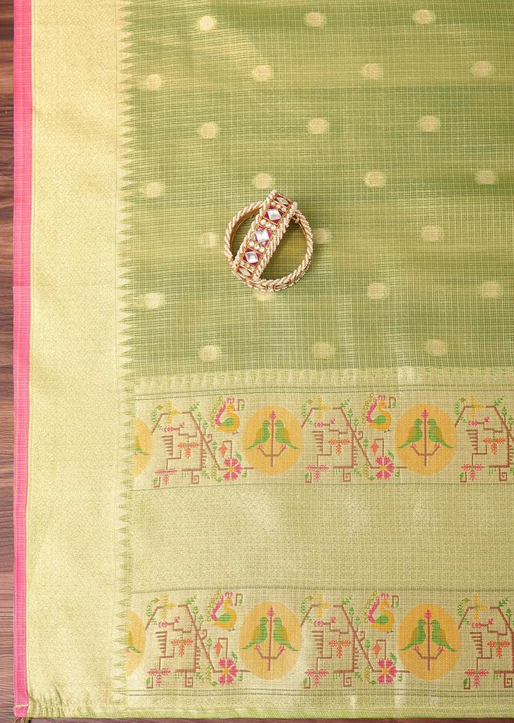 Light Green Paithani Woven Silk Dress Material