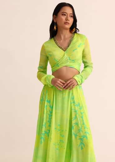Light Green Printed Chiffon Crop Top And Palazzo