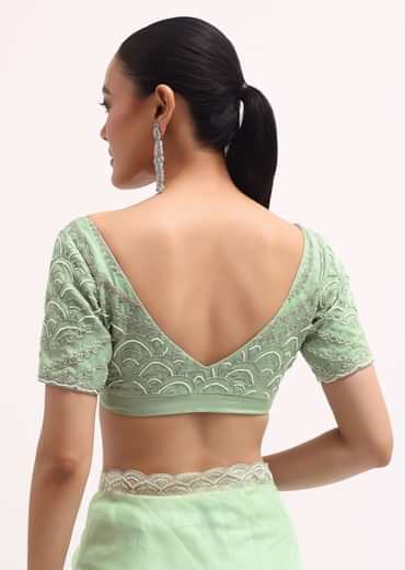 Light Green Scallop Border Saree With Unstitched Blouse