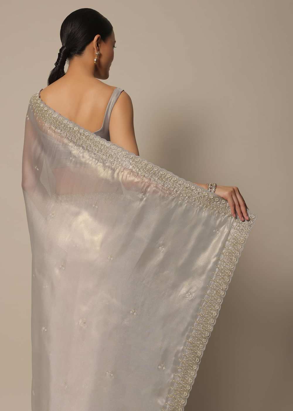 Light Grey Tissue Saree With Bead And Cutdana Work And Unstitched Blouse Piece