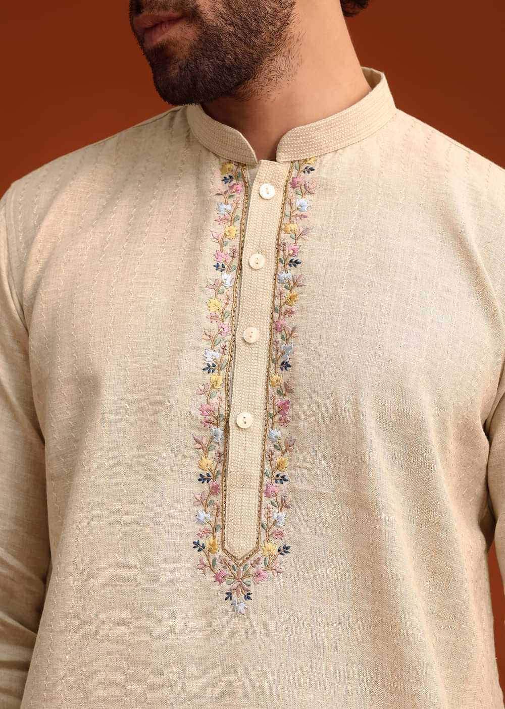 Light Natural Floral Resham Embroidered Kurta And Pant Set