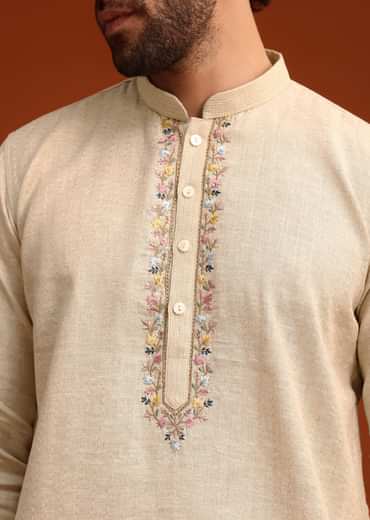 Light Natural Floral Resham Embroidered Kurta And Pant Set