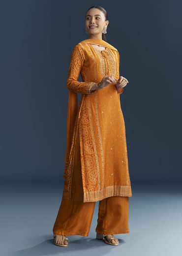 Light Orange Silk Bandhani Palazzo Suit With Embroidery