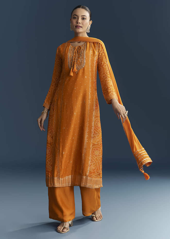 Light Orange Silk Bandhani Palazzo Suit With Embroidery