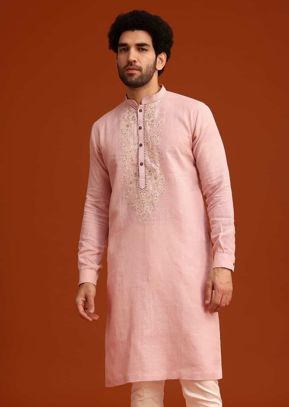 Light Pink Floral Thread Embroidered Kurta And Pant Set