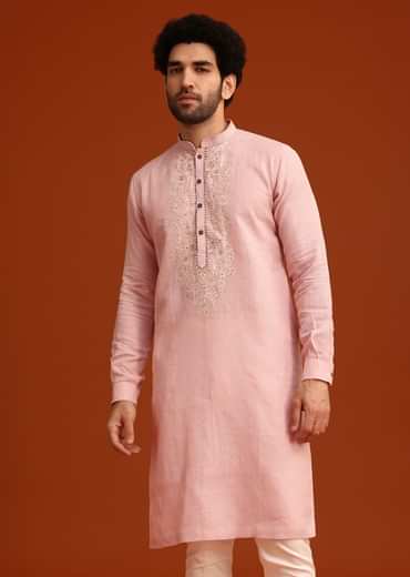 Light Pink Floral Thread Embroidered Kurta And Pant Set
