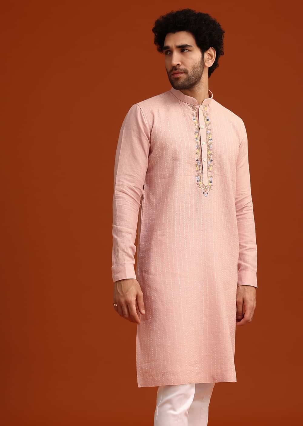 Light Pink Hand Embroidered Kurta And Pant Set