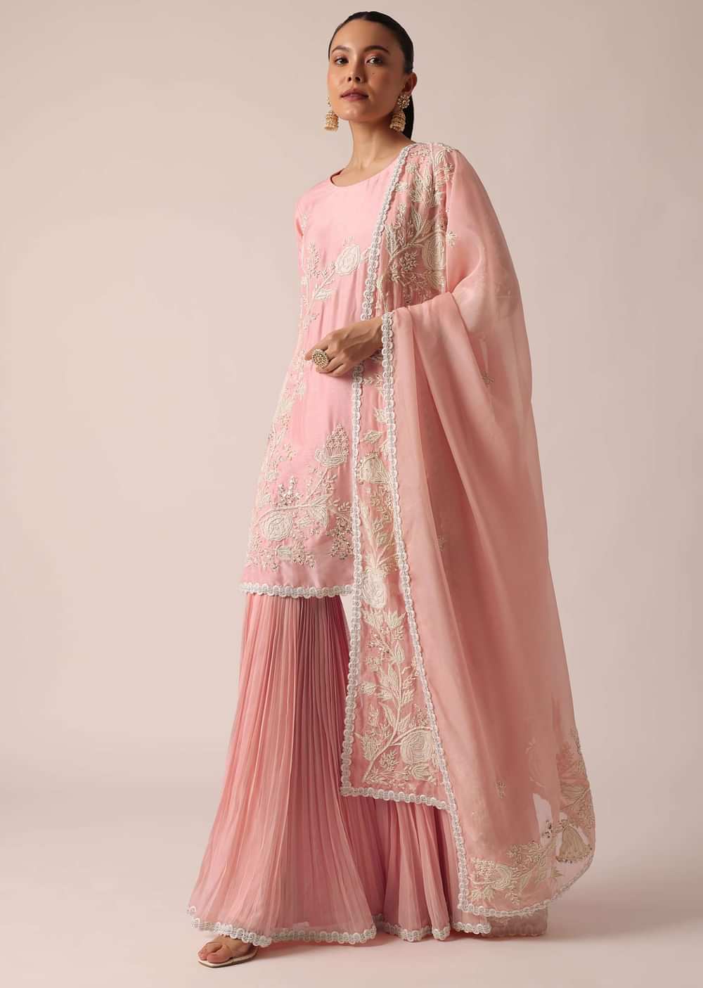 Light Pink Kurta Sharara Set In Chanderi Silk