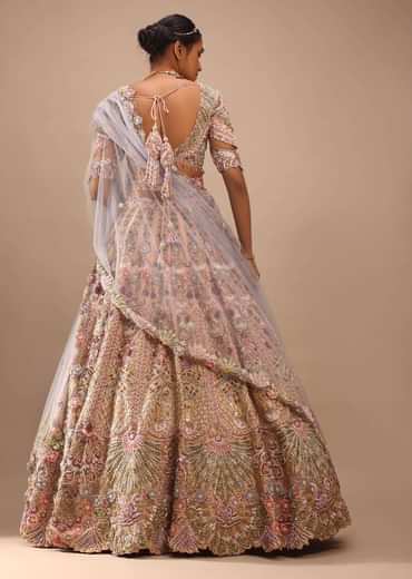 Light Pink Lehenga Set With A Choli In Moti Embroidery, Crop Top Comes In Half Sleeves With Cut Work