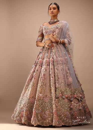 Light Pink Lehenga Set With A Choli In Moti Embroidery, Crop Top Comes In Half Sleeves With Cut Work