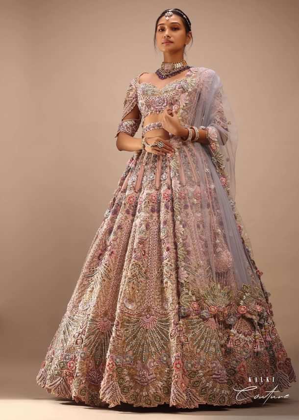 Light Pink Lehenga Set With A Choli In Moti Embroidery, Crop Top Comes In Half Sleeves With Cut Work