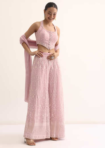 Light Pink Lucknowi Crop Top And Palazzo Set
