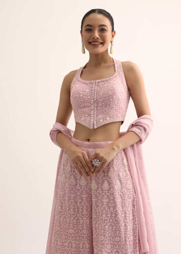 Light Pink Lucknowi Crop Top And Palazzo Set