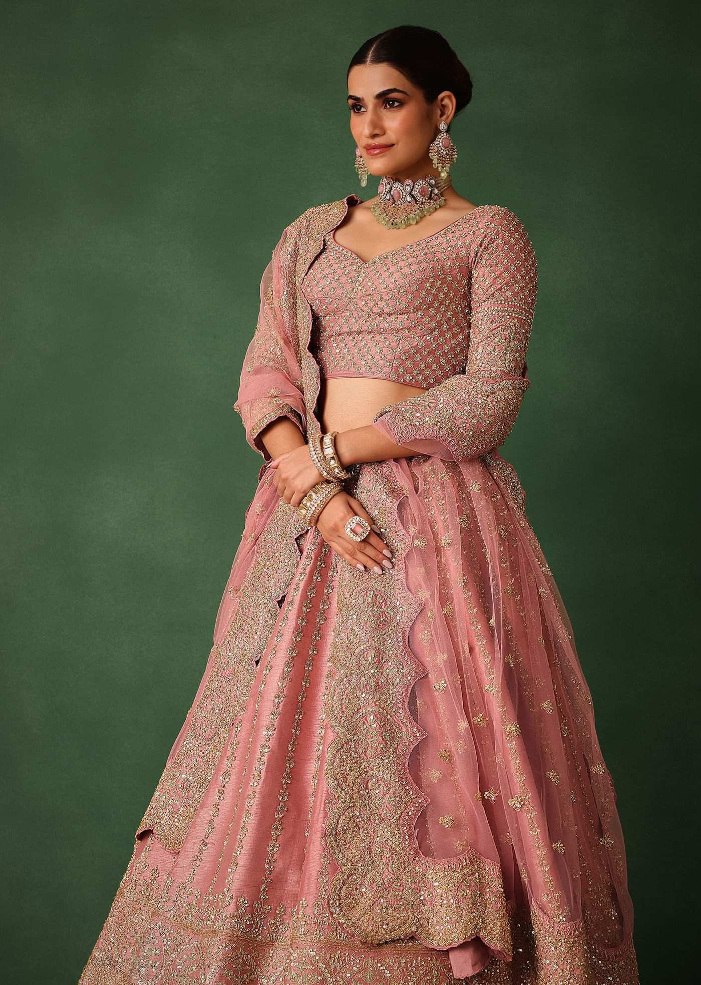 Light Pink Raw Silk Hand Embroidered Lehenga Set