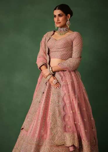 Light Pink Raw Silk Hand Embroidered Lehenga Set